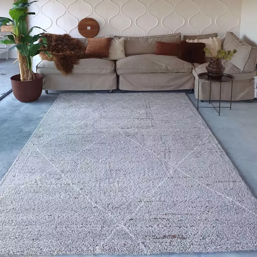 Interieur 05 Hoogpolig Berber vloerkleed Lines Grijs Crème 200x290cm Dikke Kwaliteit Mrcarpet