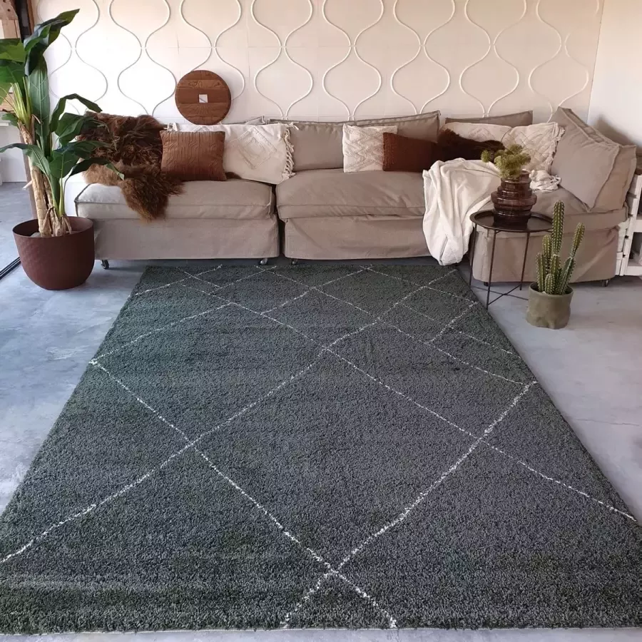 Interieur 05 Hoogpolig Berber vloerkleed Lines Groen Crème 200x290cm Dikke Kwaliteit Mrcarpet