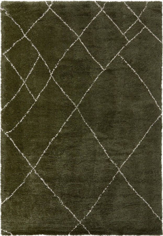 Interieur 05 Hoogpolig Berber vloerkleed Lines Groen Crème 160x230cm Dikke Kwaliteit Mrcarpet