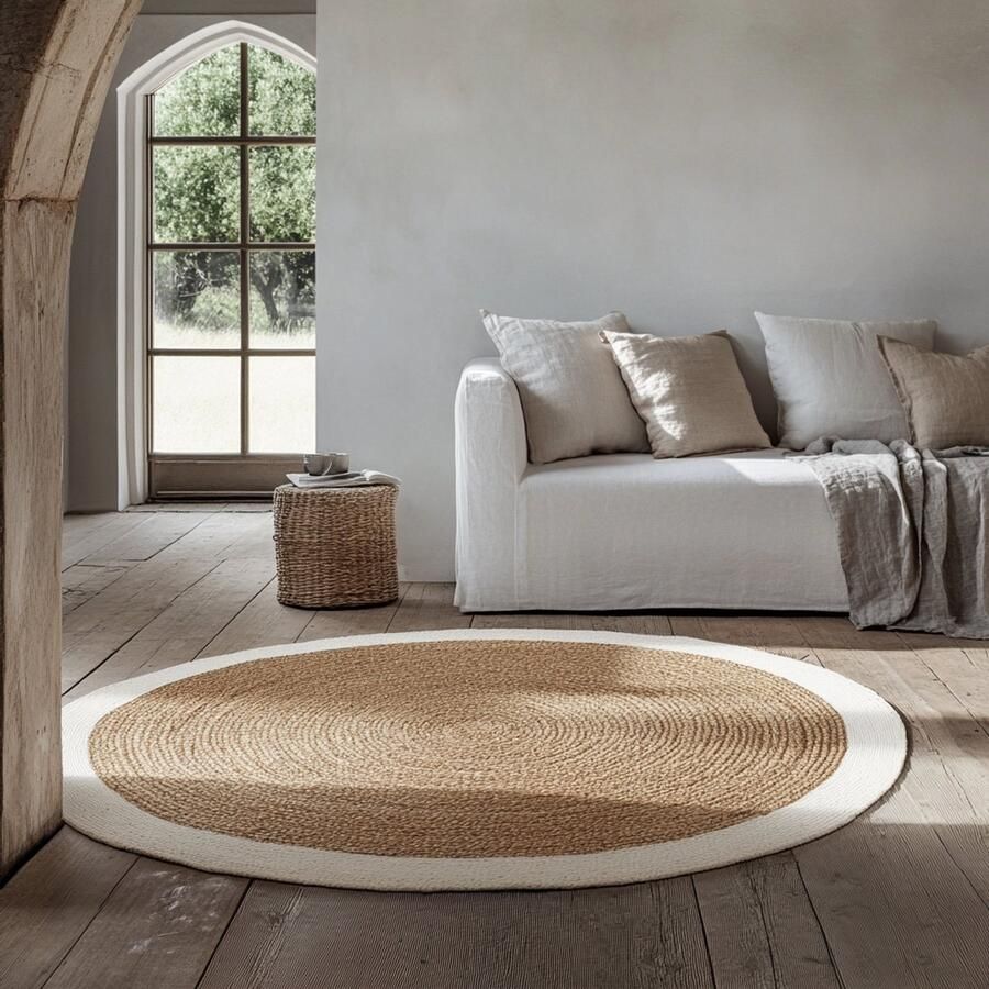 MrCarpet Rond jute vloerkleed naturel wit met rand 160cm