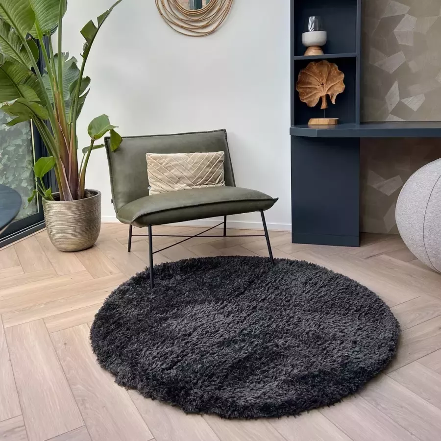 MrCarpet Rond Hoogpolig Vloerkleed Antraciet Zwart Loof Shaggy 120cm My Store
