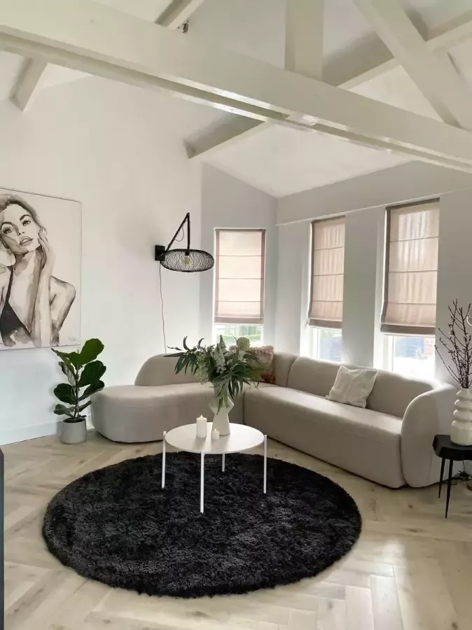 MrCarpet Rond Hoogpolig Vloerkleed Antraciet Zwart Loof Shaggy 240cm