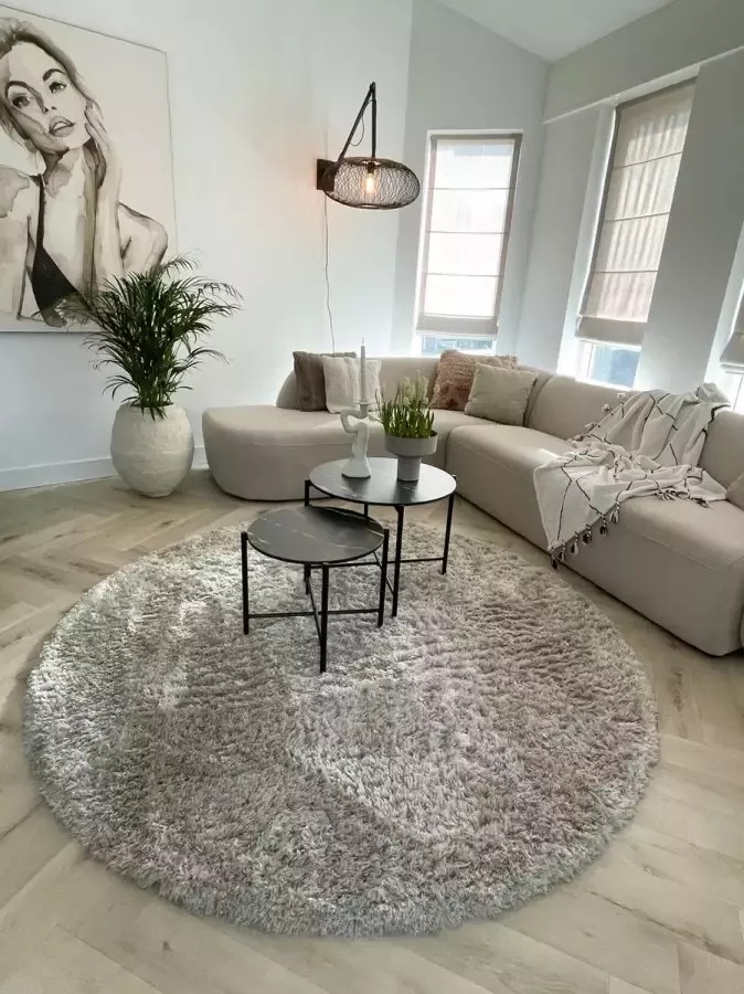 MrCarpet Rond Hoogpolig Vloerkleed Creme Beige Loof Shaggy 200cm