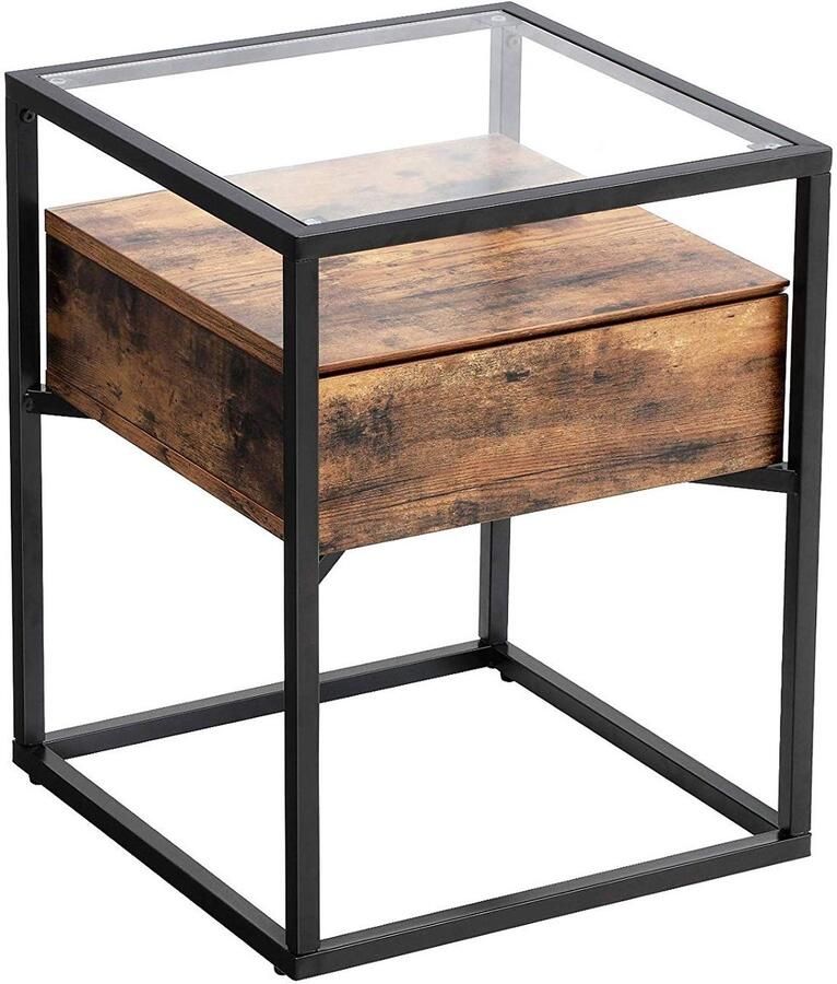 MrMarketplace Bijzettafel met Glasplaat Nachtkastje met Lade Rustiek Bruin Industrieel 43 x 43 x 54 cm
