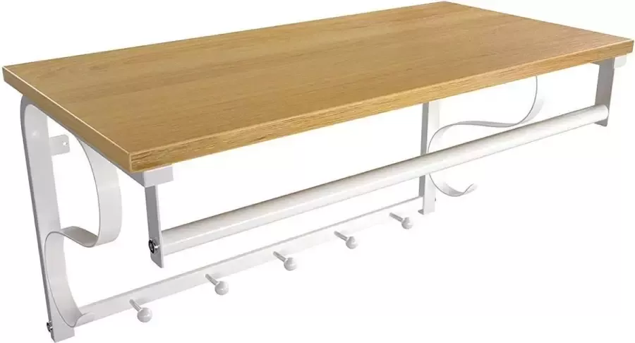 MrMarketplace Wandkapstok Plank Industrieel Wit Eikenhout 60 x 30 x 31.7 cm