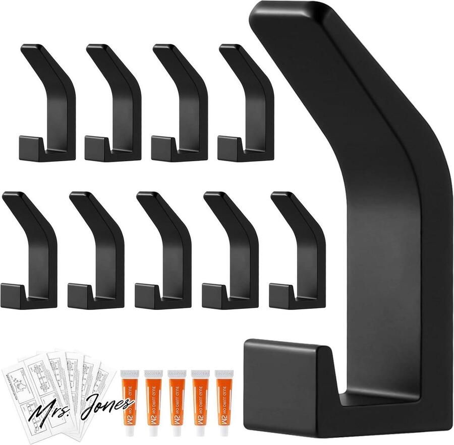 Mrs. Jones 10 stuks garderobehaken zwart kledinghaken van ruimte-aluminium robuust en duurzaam wandhaken ideaal voor hal badkamer -BASVII