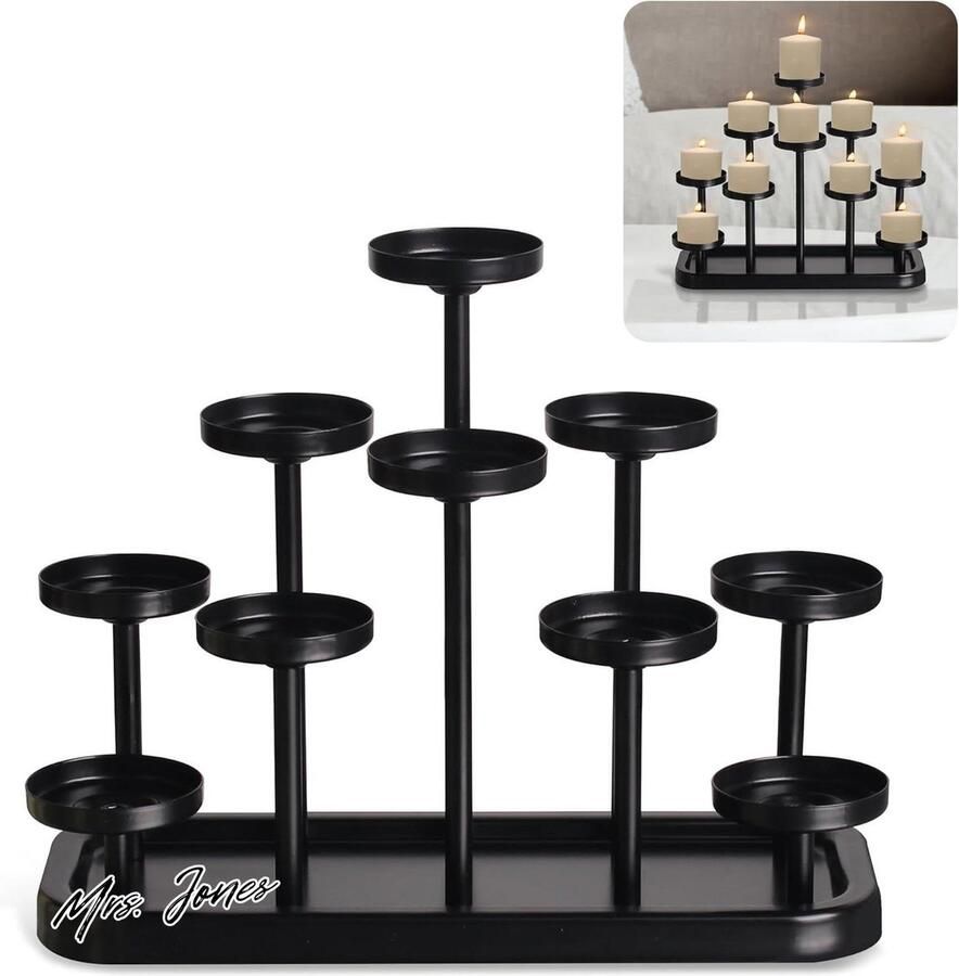 Mrs. Jones 10arms Theekaars Houder Tray Metalen Zwarte Kandelaar Houder Kaarsenhouders Set van 10 voor Eetkamer Tafel Middenstuk Decoratie Decoratieve Dienblad met Sfeerverlichting