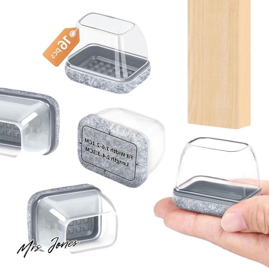 Mrs. Jones 16-stuks rechthoekige siliconen stoelpootdoppen transparant vloerbeschermers krassen voorkomen