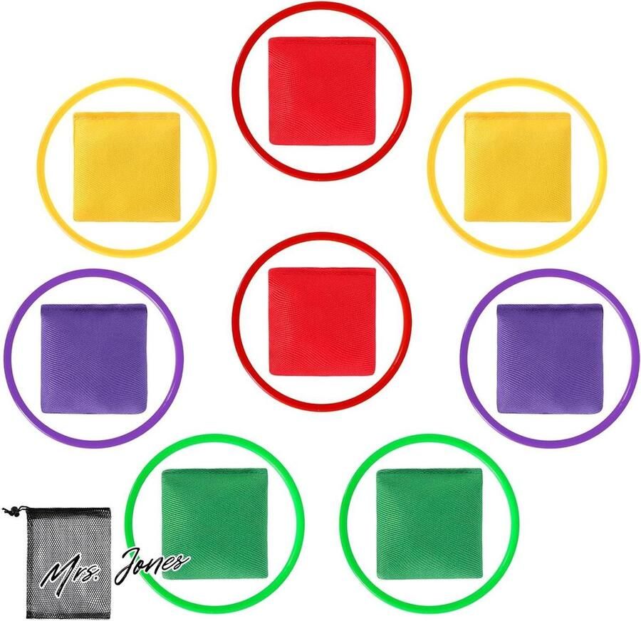 Mrs. Jones 17 stuks kleurrijke werpzitzak speelgoed bonenzakjes en kunststof ringen voor buiten kinderen volwassenen