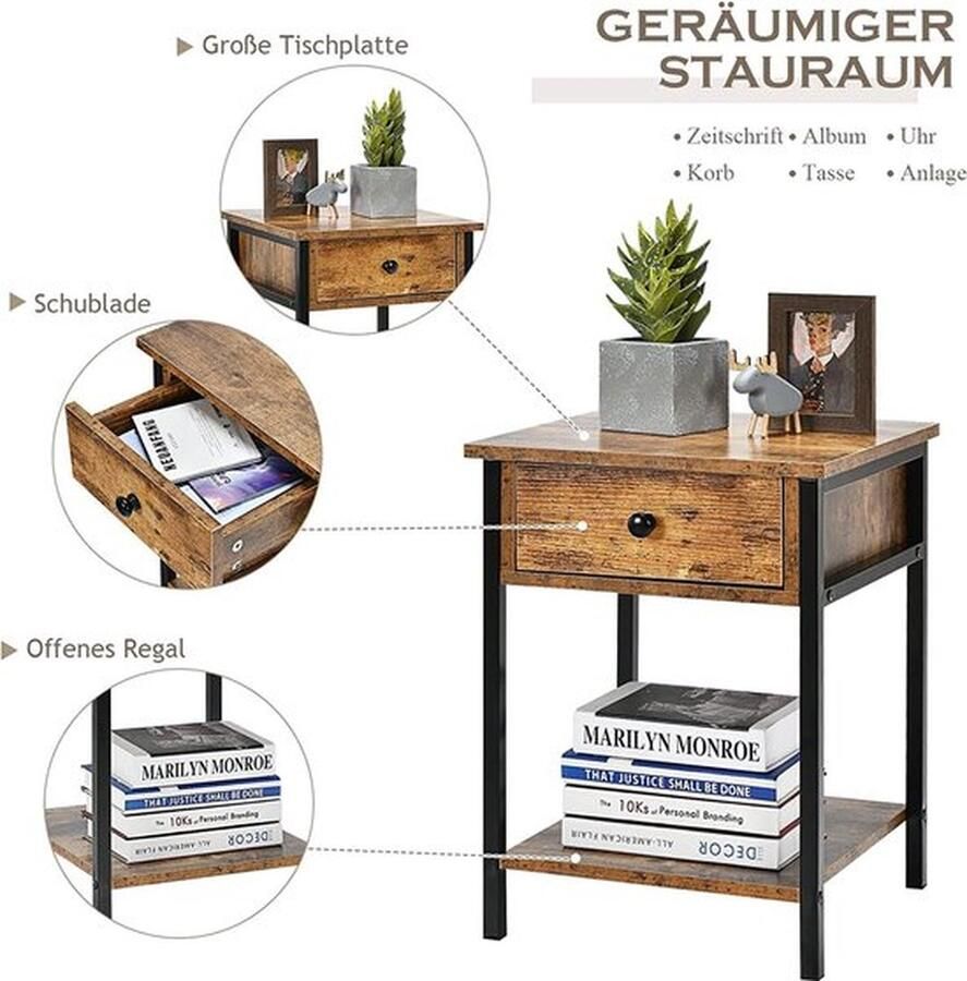 Mrs. Jones 2 stuks nachtkastje met lade bijzettafel met plank stabiel metalen frame vintage sofa-tafel kleine nachtkastje koffietafel voor woonkamer slaapkamer donkerbruin 40 x 40 x 54 cm