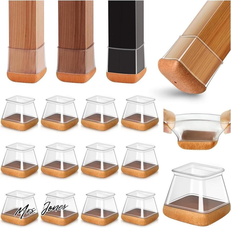 Mrs. Jones 20 Stuks Stoelpootdoppen Vierkant Grote Siliconen Stoelpootbeschermers Transparante Beschermkappen voor Stoelpoten met Viltglijders Vloerbescherming Fit 27-36 mm