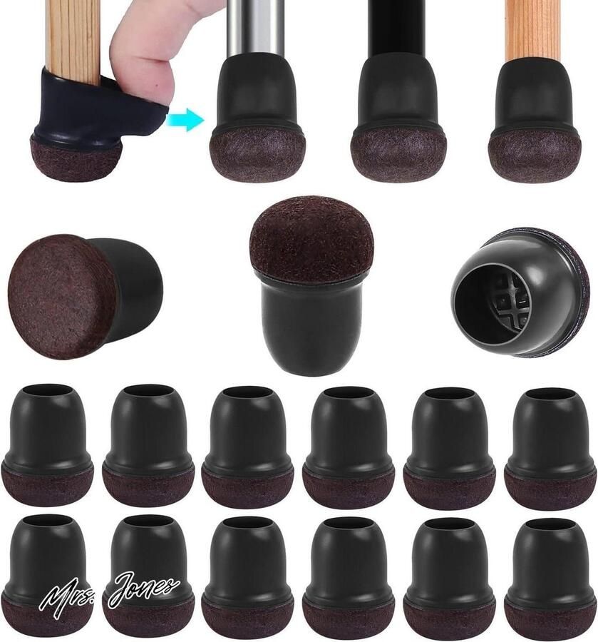 Mrs. Jones 24 stuks siliconen stoelpootkappen vloerbeschermers 19-32 cm zwarte met vilten kussentjes voor hardhouten vloeren rubberen meubelpootkappen beschermen