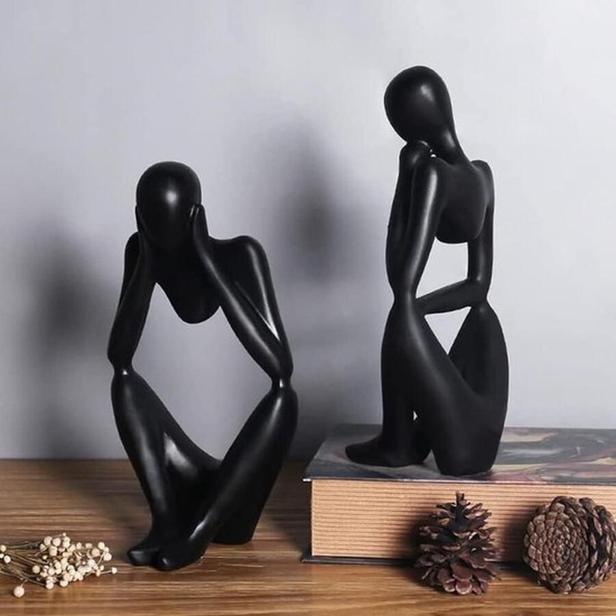 Mrs. Jones 3-delige abstracte harssculptuur denker hars abstracte standbeeldsculptuur standbeelddenkersset beelden voor decoratie van huizen kantoren boekenplanken bureaus (zwart)