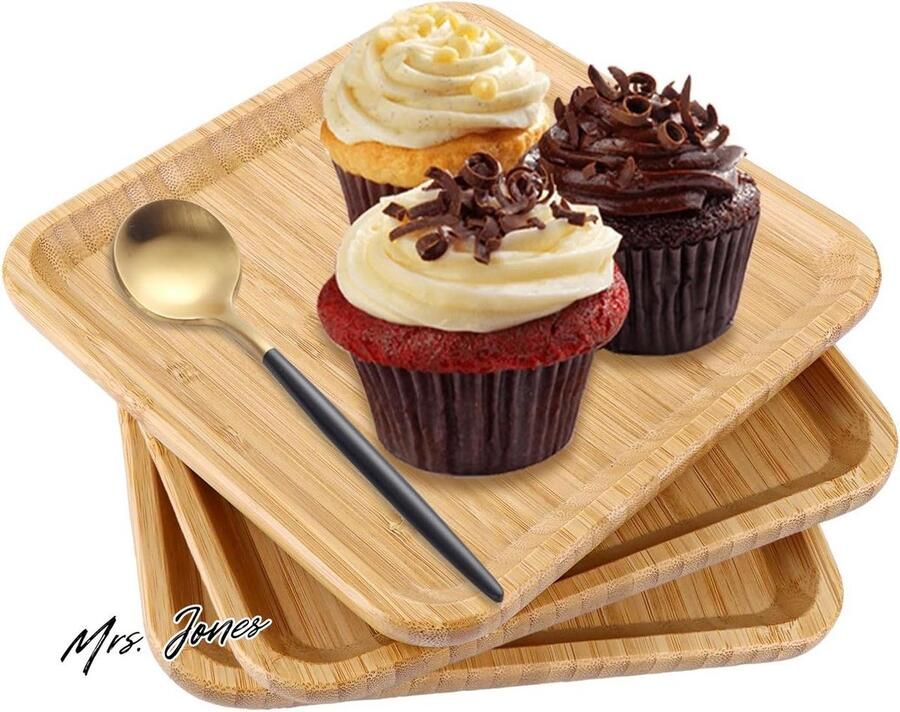 Mrs. Jones 3 stuks dienblad van bamboe 20 x 20 x 2 cm vierkant klein houten dienblad voor keuken snacks ontbijt salontafel met handgrepen