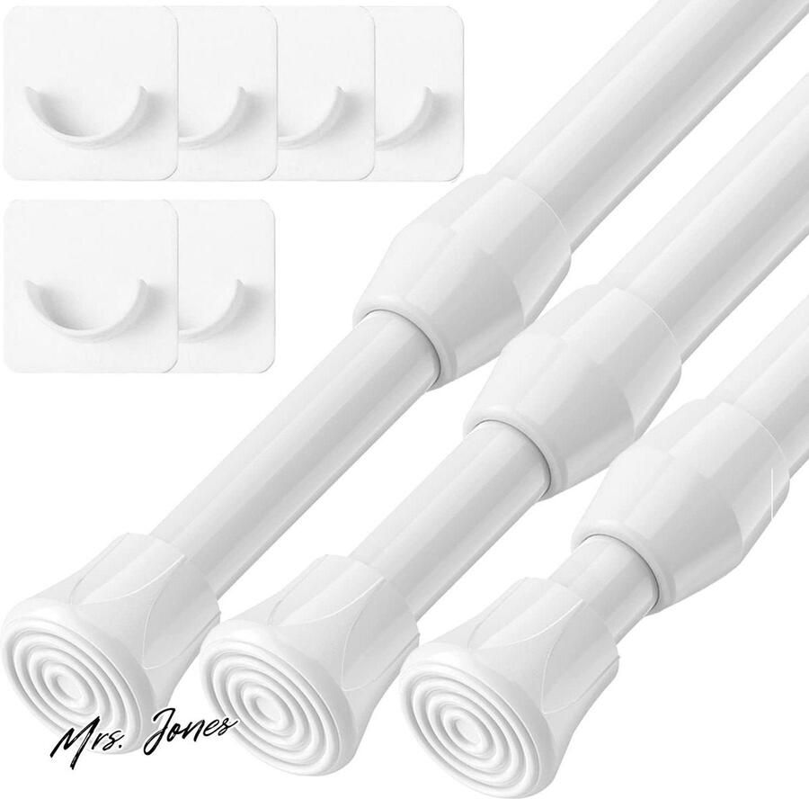 Mrs. Jones 3 stuks klemgordijnstangen gordijnroede voor kasten boekenkast wit 18 tot 27 cm diameter 13 mm