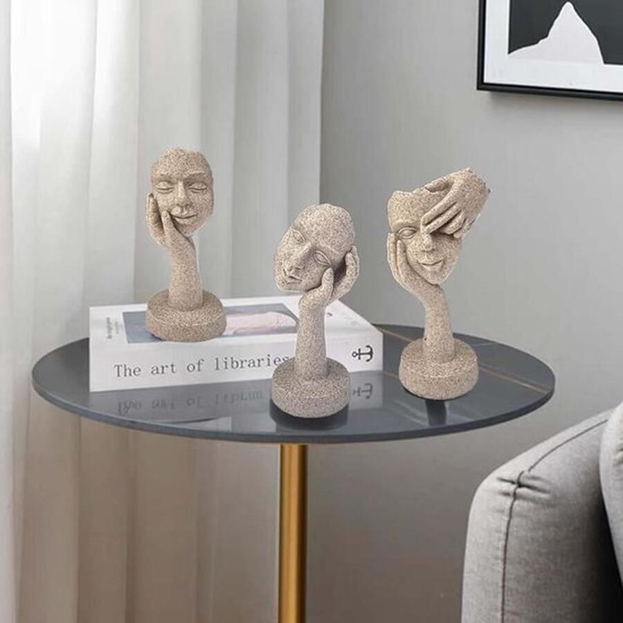 Mrs. Jones 3 stuks standbeelden kunsthars denker standbeeld ornamenten voor woonkamer entree kantoor bureau cadeau decoratie (zandsteen)