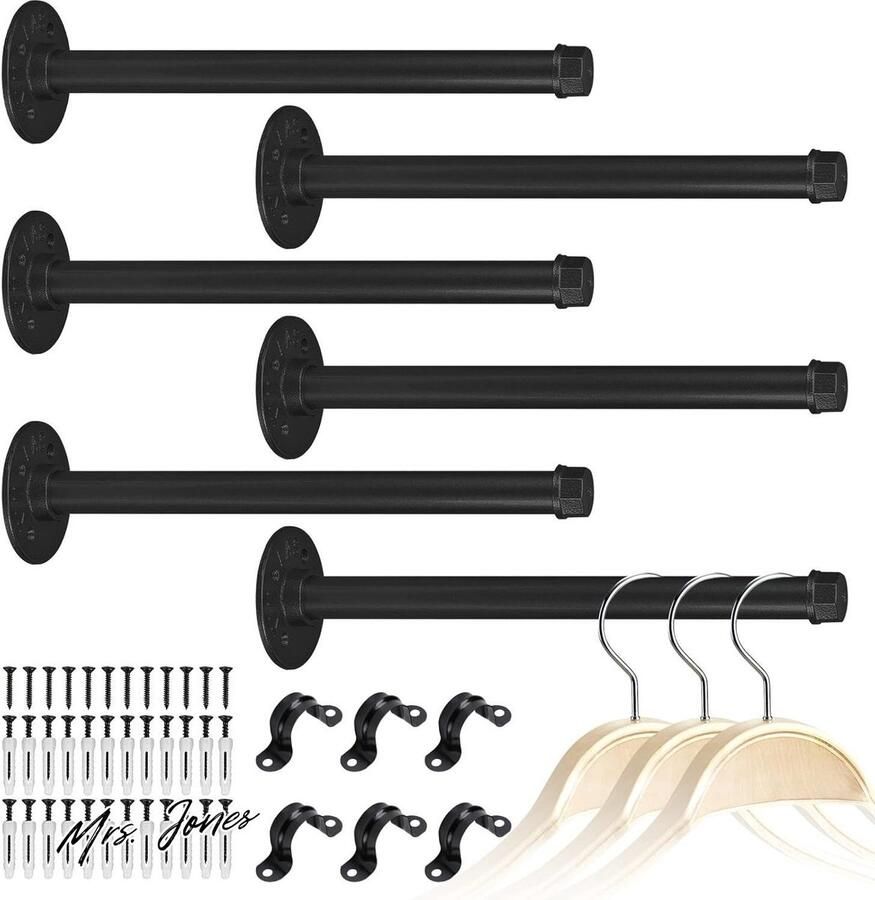Mrs. Jones 30 cm muur kledingstang zwart mat garderobestang set van 6 vintage kapstok wandmontage Industriële buizen garderobehaken