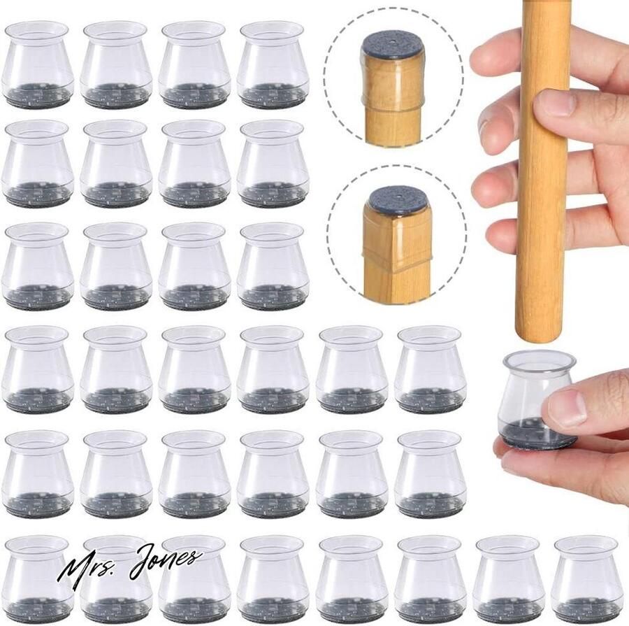 Mrs. Jones 32 stuks stoelpootbeschermers vilt transparante siliconen stoelpootkappen viltglijders voor stoelen kleine stoelpootbeschermers voor hardhouten vloeren