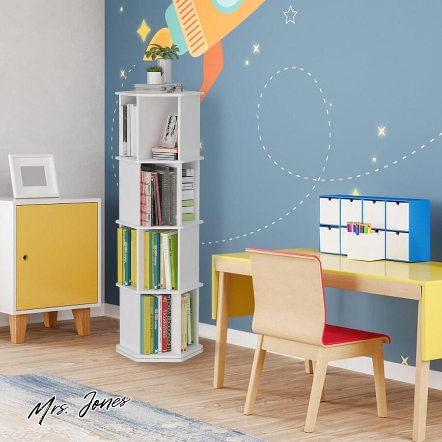 Mrs. Jones 360 Degree Rotating Bookcase 4 Floors Swivel Shelf Office Shelf Wooden Spinning Bookshelf White Standing Shelf Hexagonal Bookshelf Corner Children Bookshelf for Living Room Bedroom Modern Minimalist Style Eco-Friendly Wood Materials