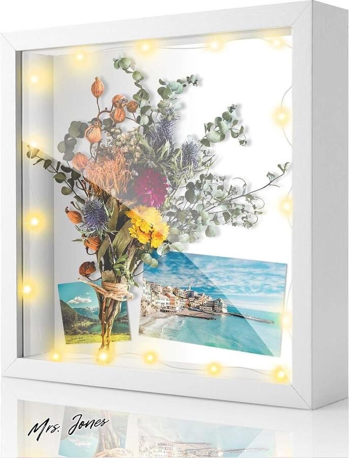 Mrs. Jones 3D Fotolijst Om Te Vullen Diepe Fotolijst 20 x 20 Cm Voor Object Tot 3 cm Objectframe Wit Met Onbreekbaar Acrylglas 3D Lijst Voor Decoratieve Muur Bureau Cadeau Met 3M LED Lichtketting