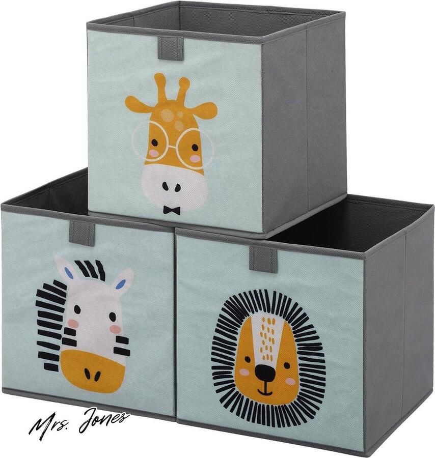 Mrs. Jones 3x opbergmand voor kinderen Opbergbox set 28 x 28 x 28 cm Opvouwbare speelgoed organizer voor vakkenkast Opbergmanden met dierenmotief opbergen speelgoed