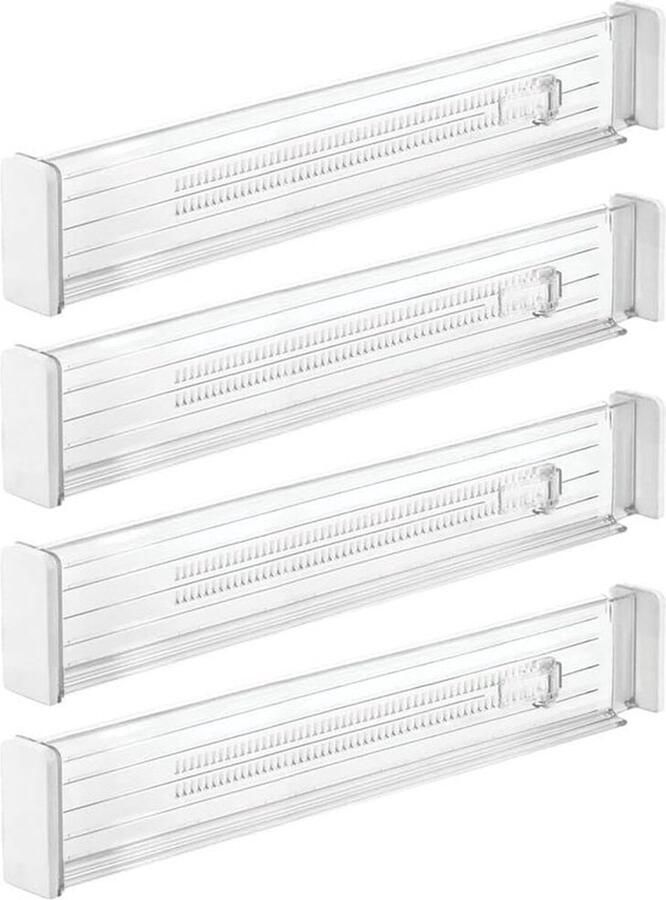 Mrs. Jones 4-delige set verstelbare lade-inzetstukken praktische schuifladenorganizer voor kasten en commodes flexibele schuifladenverdeler van kunststof Verpakking van 4 doorzichtig