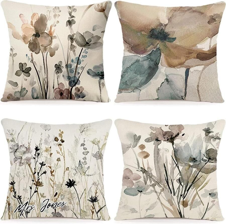 Mrs. Jones 4-pack kussenhoezen 50 x 50 cm voor bank en woonkamer boho decoratie sierkussens met katoen en linnen