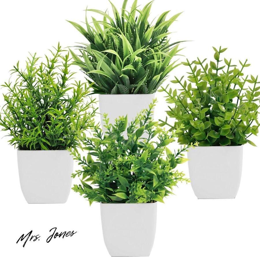 Mrs. Jones 4 Pack Mini Kunstplanten Groen Ingemaakte Plastic Nepplanten voor Thuis Badkamer Tafel Decor