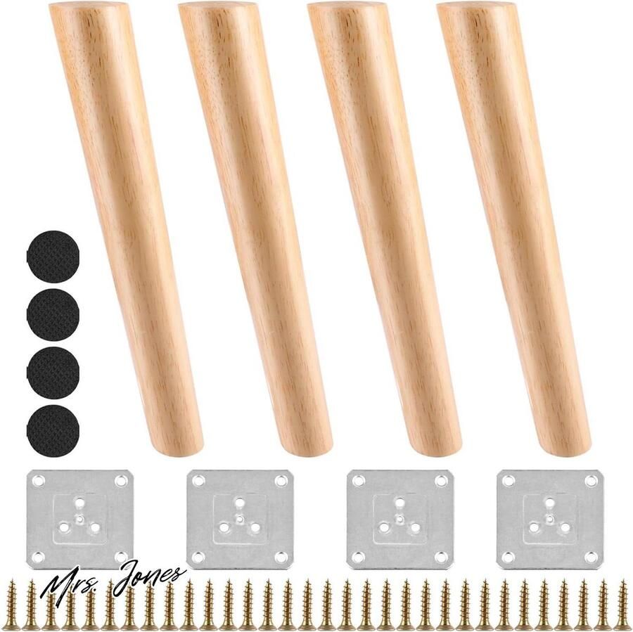 Mrs. Jones 4 stuks 30 cm meubelpoten van hout massief hout conisch schuine vervangende tafelpoten met montageplaten en schroeven voor kast bank salontafel en tv-kast