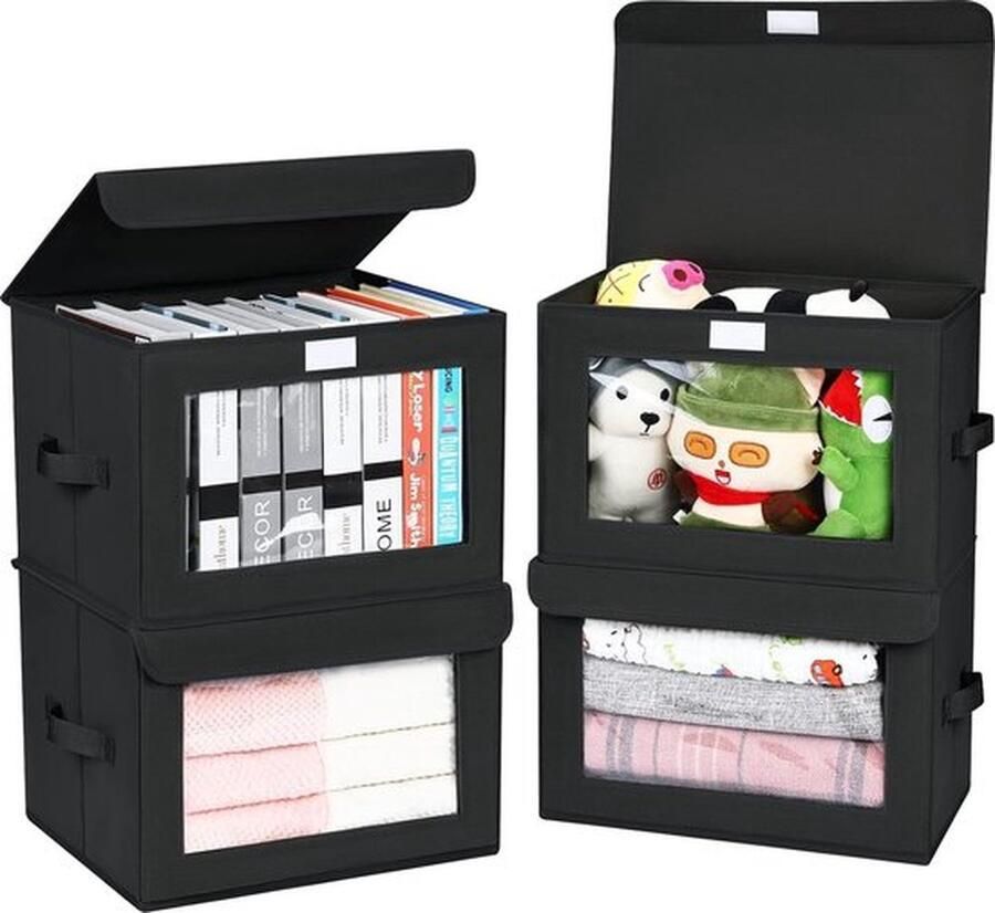 Mrs. Jones 4 stuks stoffen opbergdozen opvouwbare opbergkist met transparant venster opbergdozen met deksel groot met handgrepen kledingkastorganizer voor kleding speelgoed zwart