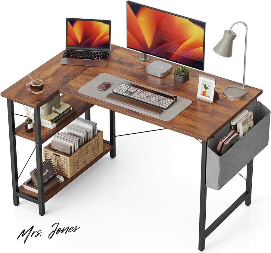 Mrs. Jones 47 Inch Kleine L-vormige Computer Bureau met Opslag Planken Thuiskantoor Hoek Bureau Studie Schrijftafel Diepbruin met Gratis Verzending
