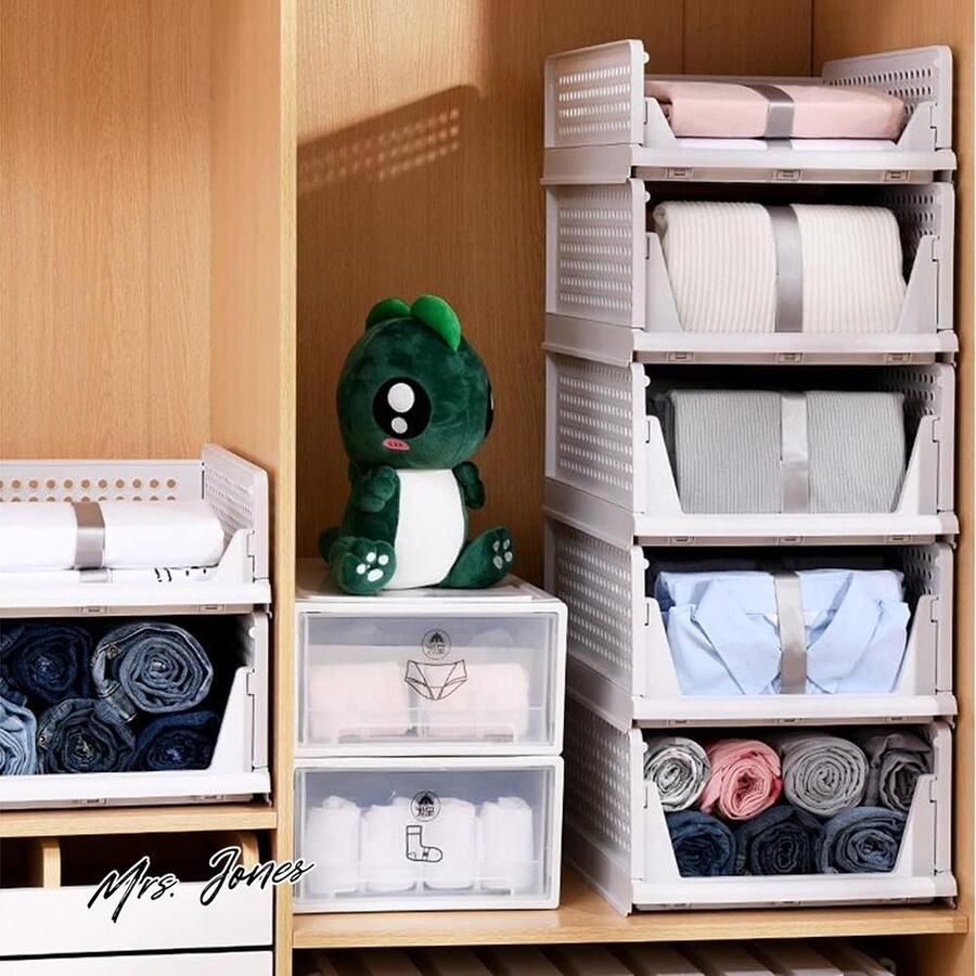 Mrs. Jones 5 stuks opvouwbare plastic opbergkisten-ladebox stapelbare kledingkast organizerrek opbergdoos-rekmanden stapelladen opbergdozen voor keuken en slaapkamer