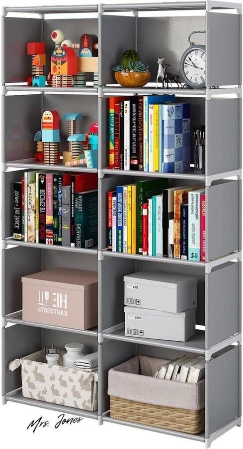 Mrs. Jones 6-laags draagbare boekenplank met stoffen doek aan de achterkant 10 kubussen kast opbergorganizer boekenkast woonkamer studeerkamer slaapkamer grijs met lage prijs en gratis verzending