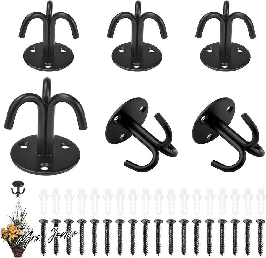 Mrs. Jones 6 stuks plafondhaken met schroeven plafondplaathaken 3-voudige haken drievoudige haken zwarte wandhouder hangende plantenhaken plafondventilator kroonluchters
