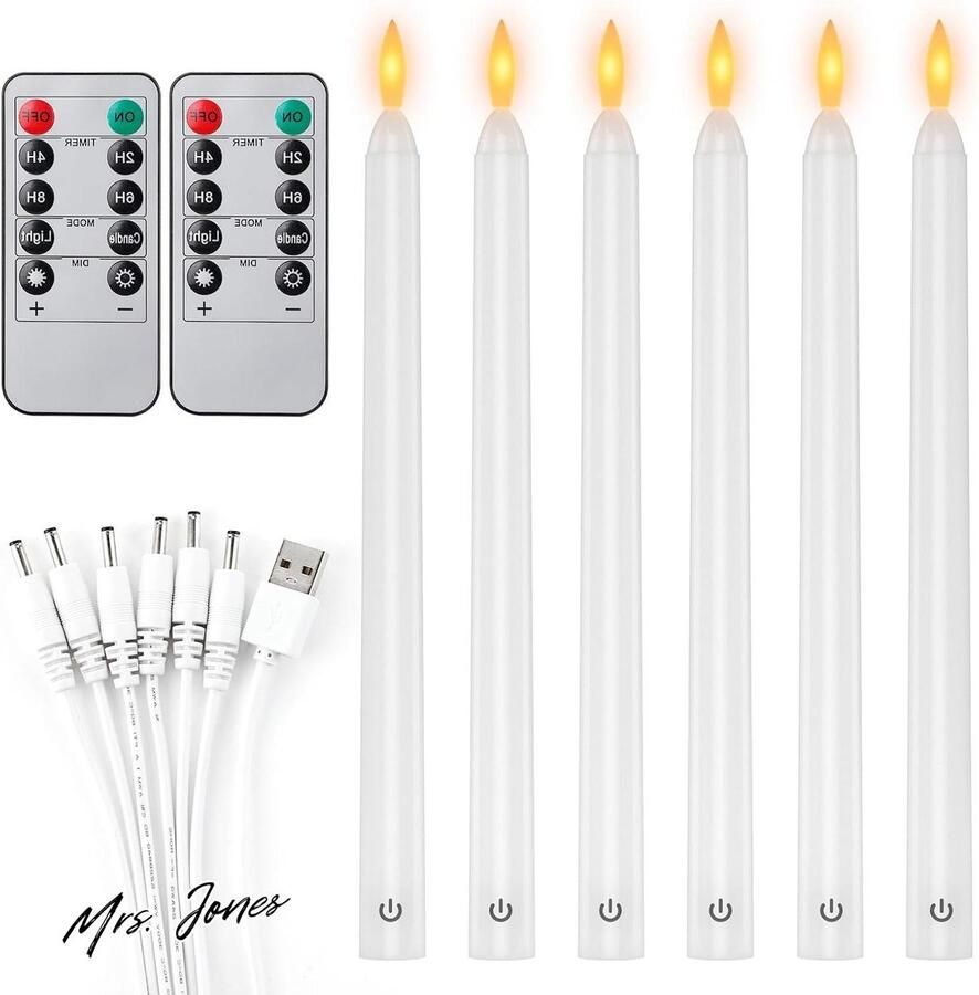 Mrs. Jones 6 stuks vlamloze kaarsen met timer en afstandsbediening oplaadbare flikkerende kaarsen 100 uur werktijd aanraakschakelaar kaarsen voor kamer bruiloft eettafel en -EXTSUD Led-staafkaarsen