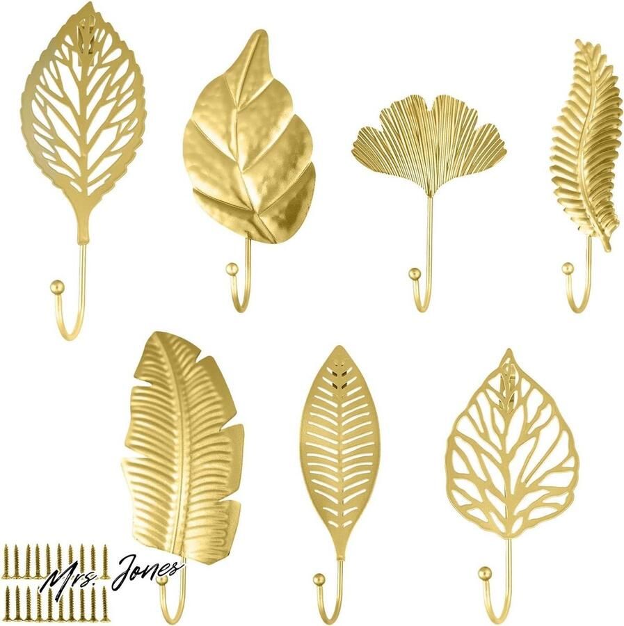 Mrs. Jones 7 stuks goud bladeren kledinghaken wandhaken metalen vintage wandhaken garderobe voor deur slaapkamer