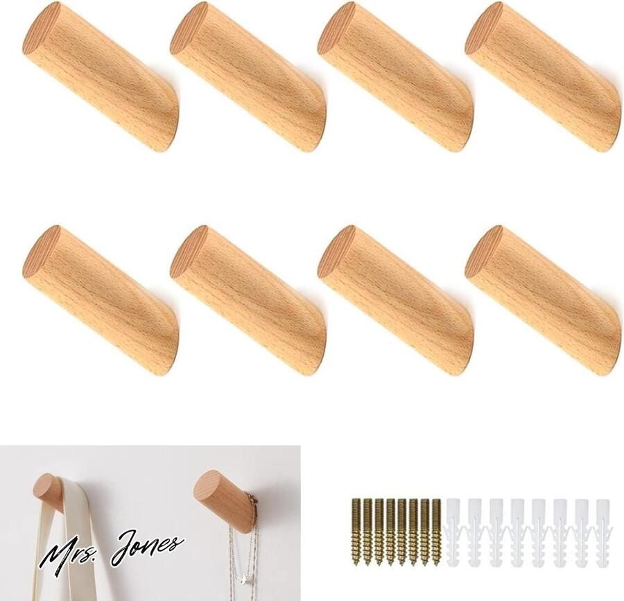 Mrs. Jones 8 stuks Wandhaken Houten Kapstok Houten Cilinder Peg Jas Pinnen Wandmontage Entryway Hoedenrek Opknoping Handtassen Kleding Hoed Sjaals Slaapkamer Woonkamer Halweg-8cm