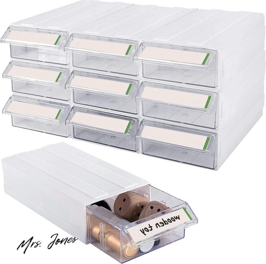 Mrs. Jones 9 stuks kunststof stapelbare opbergkast lade desktop wandgemonteerde opbergkast 18 stuks doorzichtige verdelers multifunctioneel organiserrek 9 stuks tagkaart opbergsysteem met 9 laden