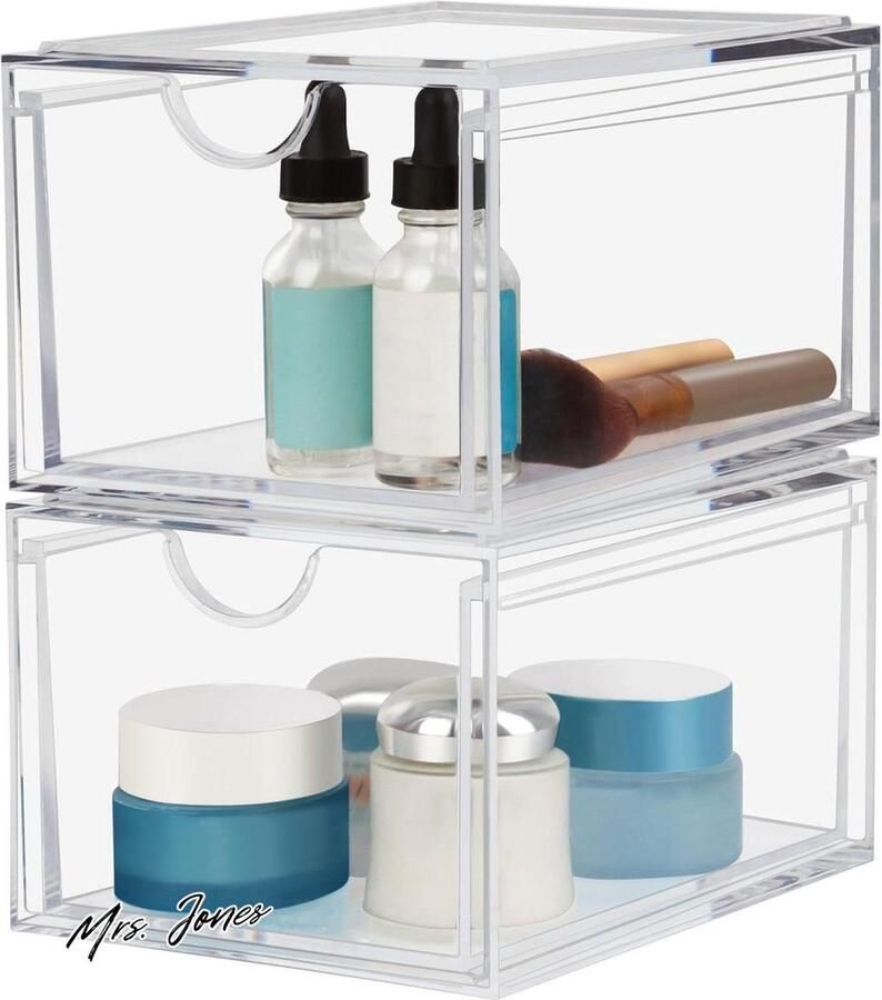 Mrs. Jones Acryl stapelbare organizer laden 2 stuks doorzichtige opbergladen cosmetische organizer ijdelheid keukenkast badkamer slaapkamer