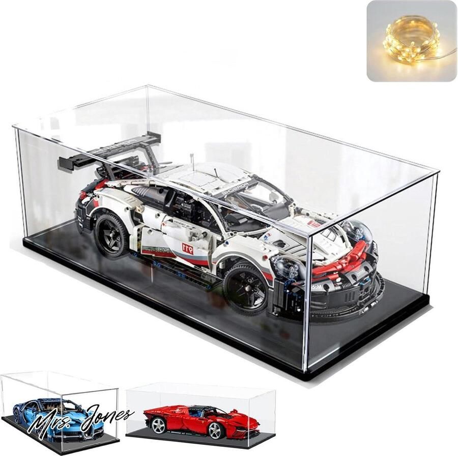 Mrs. Jones Acryl Vitrinekast Lego Collectie Figuur Opslag Hout-Kunststof Base Licht Zwart Interieur 60x30x20cm