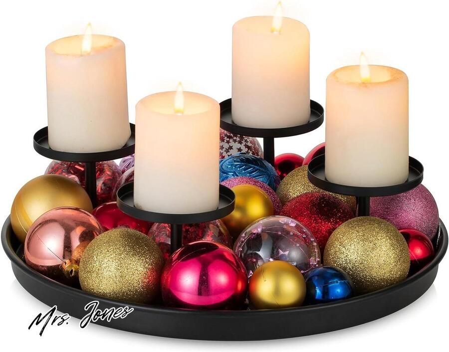Mrs. Jones Adventskrans Kaarshouder Zwart Metalen Adventskaarsenhouder voor 4 Pilaarkaarsen Moderne Advent Kaarsenhouder Decoratief Dienblad Rond voor Advent Kerst Tafel Decoratie Moderne Stijlvol