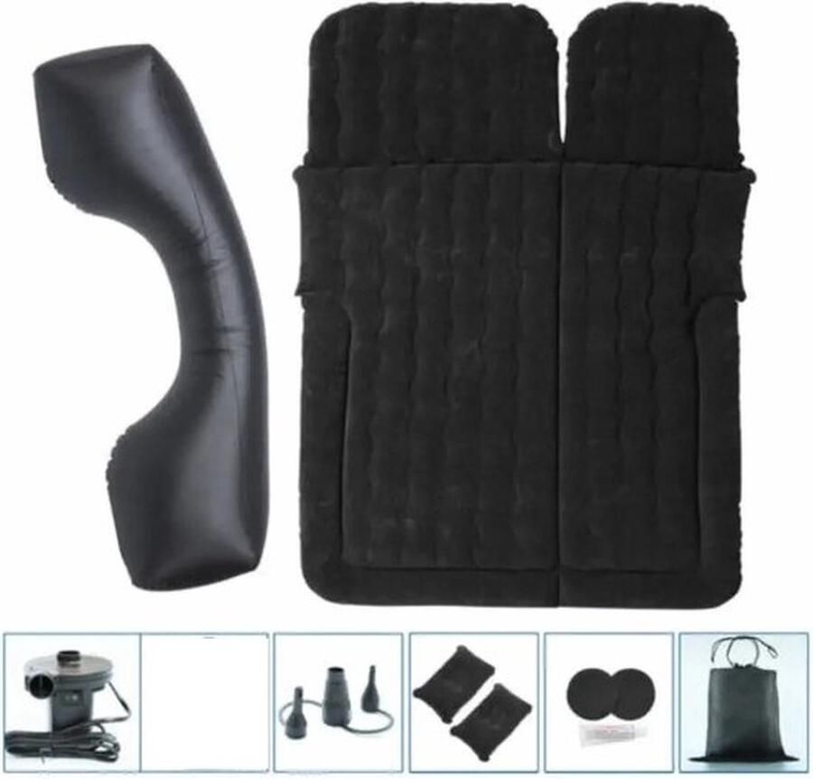 Mrs. Jones Auto luchtbed incl. gratis pomp Opblaasbaar bed Achterbank matras met floklaag Incl. 2 gratis kussens Zwart 174 x 126 cm