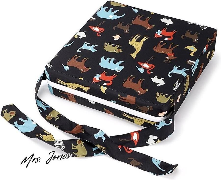 Mrs. Jones Baby peuter demonteerbare verstelbare wasbare booster stoel met riemen eetkamerstoel pads stoel verhogend kussen reizen opslag (zwart dier)