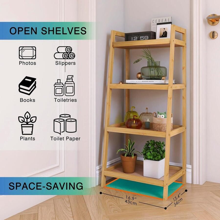 Mrs. Jones Bamboe Ladder Boekenkast Badkamer Opbergrek Organisator 4 Tier Vrijstaande Plant Display Stand Ruimtebespaarder Planken voor Slaapkamer Keuken Balkon Natuurlijk Opbergrek Plantenstandaard - Foto 2