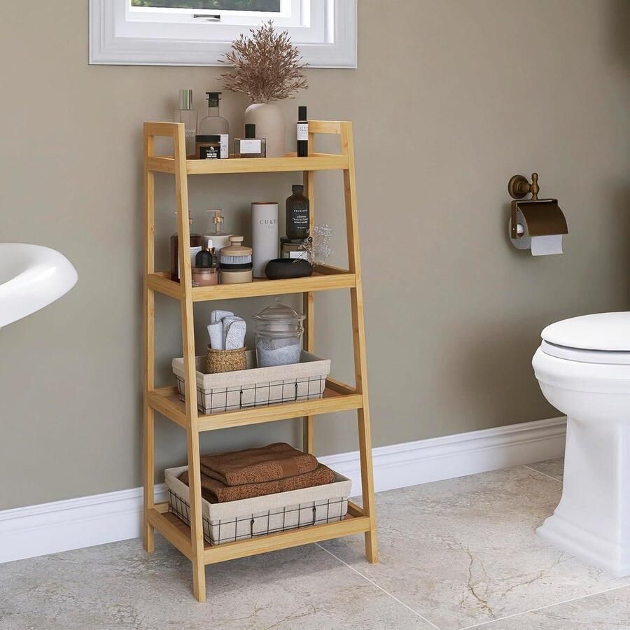Mrs. Jones Bamboe Ladder Boekenkast Badkamer Opbergrek Organisator 4 Tier Vrijstaande Plant Display Stand Ruimtebespaarder Planken voor Slaapkamer Keuken Balkon Natuurlijk Opbergrek Plantenstandaard