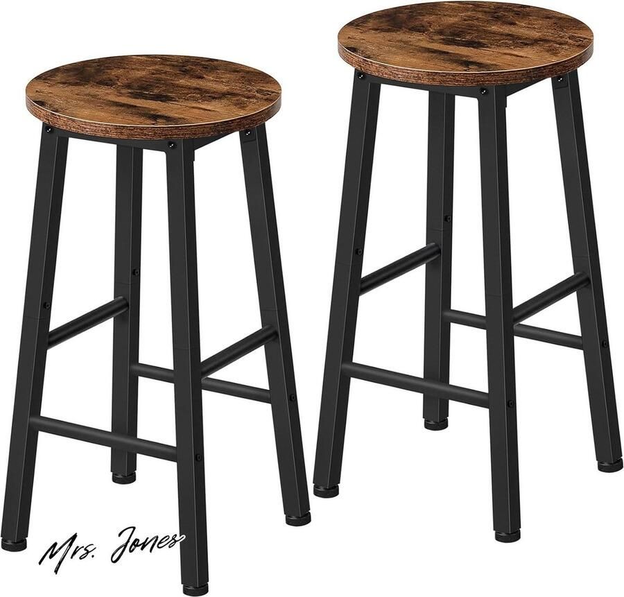 Mrs. Jones Barkrukken Set van 2 Barstoelen Keukenstoelen Geschikt voor Eetkamer Keuken Bar Stevig en Stabiel Industriële Stijl Vintage Bruin Zwart