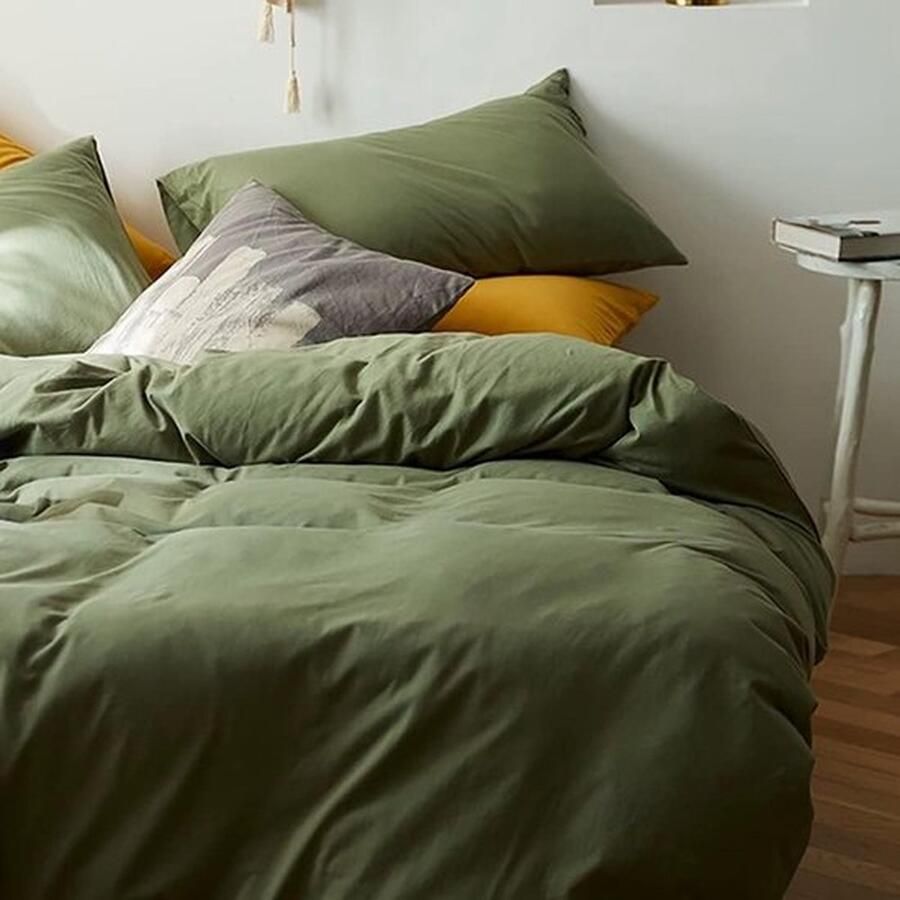 Mrs. Jones Beddengoedset 140 x 200 cm olijfgroen effen dekbedovertrek met kussensloop 70 x 90 cm 100% zacht en aangenaam microvezel 2-delig beddengoed met ritssluiting voor eenpersoonsbed