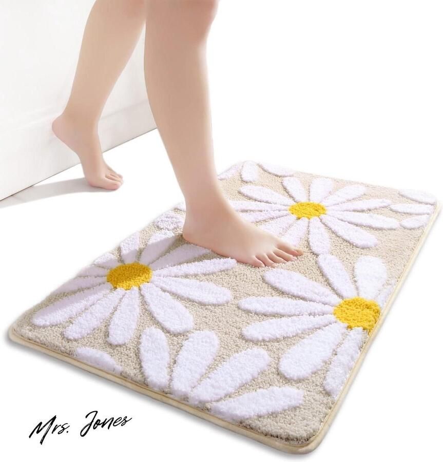 Mrs. Jones Beige badkamertapijt schattige madeliefjes badmat antislip wasbaar witte en gele bloem zachte douchemat absorberend 50 x 80 cm badkameraccessoires badkamerdecoratie