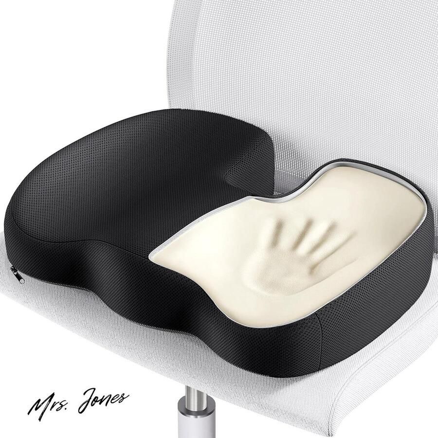 Mrs. Jones Zitkussen voor bureaustoel ademende zitkussen traagschuim voor pijnverlichting antislip stuitbeenkussen wasbare afneembare hoes voor bureaustoel-rolstoel zwart met memory foam