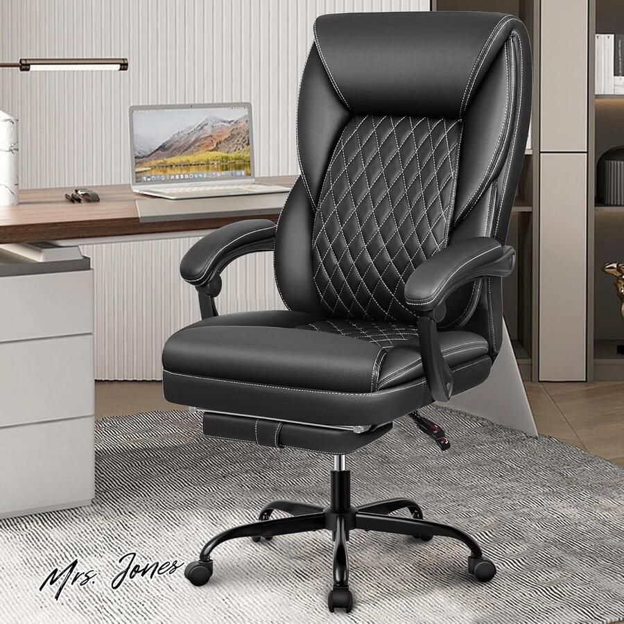 Mrs. Jones BestEra Bureaustoel grote hoge managerstoel voetensteun ergonomische bureaustoel lederen stoel thuiskantoor verstelbare rugleuning lendensteun zwart